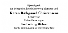 Dødsannoncen for Karen Bækgaard Christensen - Tilst