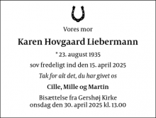 Dødsannoncen for Karen Hovgaard Liebermann - Ejby