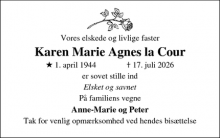 Dødsannoncen for Karen Marie Agnes la Cour - Randers
