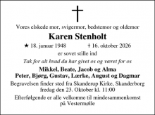 Dødsannoncen for Karen Stenholt - Hadsten