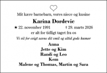 Dødsannoncen for Karina Dordevic - Sønder Felding
