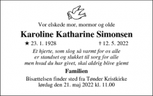 Dødsannoncen for Karoline Katharine Simonsen - Kruså