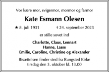 Dødsannoncen for Kate Esmann Olesen - Vedbæk