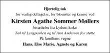 Dødsannoncen for Kirsten Agathe Sommer M&oslash;llers - Varde