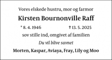 Dødsannoncen for Kirsten Bournonville Raff - Stampetoften 4  2970 Hørsholm