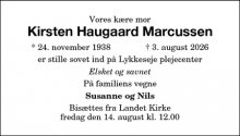 Dødsannoncen for Kirsten Haugaard Marcussen - Roskilde