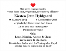Dødsannoncen for Kirsten Jette Hyldgaard - Herning