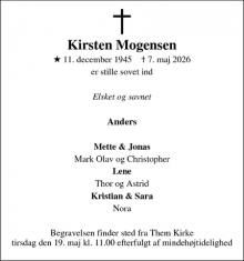 Dødsannoncen for Kirsten Mogensen - Them