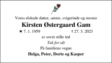 Dødsannoncen for Kirsten Østergaard Gam - Spøttrup