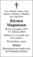 Dødsannoncen for Kirsten
Magnussen - Esbønderup
