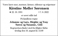 Dødsannoncen for Kirstine Møller Sørensen - Aabenraa