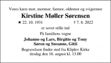 Dødsannoncen for Kirstine Møller Sørensen - Aabenraa