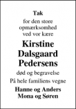 Dødsannoncen for Kirstine
Dalsgaard
Pedersen - Fur