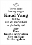 Dødsannoncen for Knud Vang - Koldby