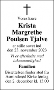Dødsannoncen for Krista
Margrethe
Poulsen Tjalve - Fredensborg