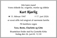 Dødsannoncen for Kurt Bj&oslash;rlig - Vedbæk