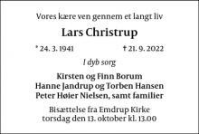 Dødsannoncen for Lars Christrup - København