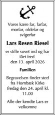 Dødsannoncen for Lars Resen Riesel - Dragoer