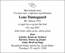 Dødsannoncen for Lene Damsgaard - Varde