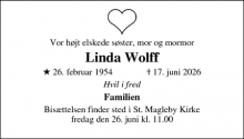 Dødsannoncen for Linda Wolff - Dragør