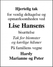 Dødsannoncen for Lise Hansen - Kalundborg