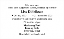 Dødsannoncen for Liss Didriksen - Gassum
