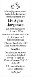Dødsannoncen for Liv Aglen
J&oslash;rgensen - København SV