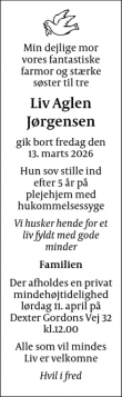 Dødsannoncen for Liv Aglen
J&oslash;rgensen - København SV