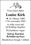 Dødsannoncen for Louise Kirk - Kolding 