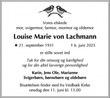 Dødsannoncen for Louise Marie von Lachmann - Nærum