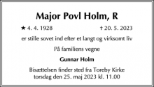 Dødsannoncen for Major Povl Holm, R - Sundby