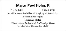 Dødsannoncen for Major Povl Holm, R - Sundby