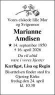 Dødsannoncen for Marianne
Amdisen - Esbjerg N