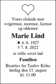 Dødsannoncen for Marie Lind - Fredericia