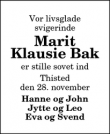 Dødsannoncen for Marit
Klausie Bak - Thisted
