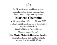 Dødsannoncen for Marlene Chemnitz - Ringkøbing