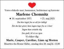 Dødsannoncen for Marlene Chemnitz - Ringkøbing