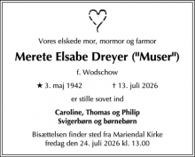 Dødsannoncen for Merete Elsabe Dreyer ("Muser") - Birkerød