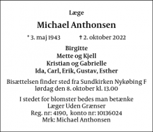 Dødsannoncen for Michael Anthonsen - Nykøbing F