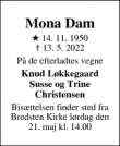 Dødsannoncen for Mona Dam - Bredsten
