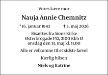 Dødsannoncen for Nauja Annie Chemnitz - København V