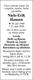 Dødsannoncen for Niels-Erik
Hansen - Skive