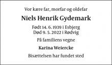 Dødsannoncen for Niels Henrik Gydemark - Rødvig