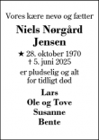 Dødsannoncen for Niels Nørgård
Jensen - Snejbjerg