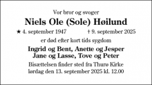 Dødsannoncen for Niels Ole (Sole) Høilund - Thurø