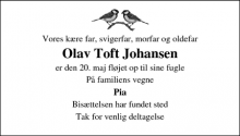 Dødsannoncen for Olav Toft Johansen - Odense 