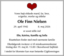 Dødsannoncen for Ole Finn Nielsen - Charlottenlund