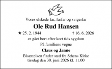 Dødsannoncen for Ole Rud Hansen - Helsingør