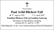 Dødsannoncen for Paul Arild Blichert-Toft - Frederiksberg C