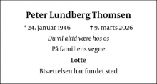 Dødsannoncen for Peter Lundberg Thomsen - København